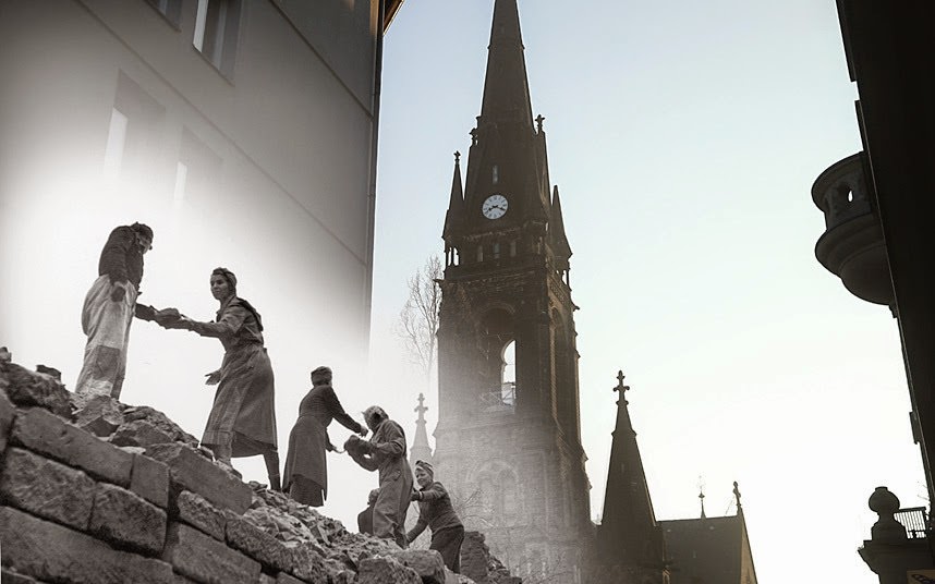 THEN: Women in 1946 carrying bricks outside the Martin Luther church  NOW: Same area on 12 February 2015.