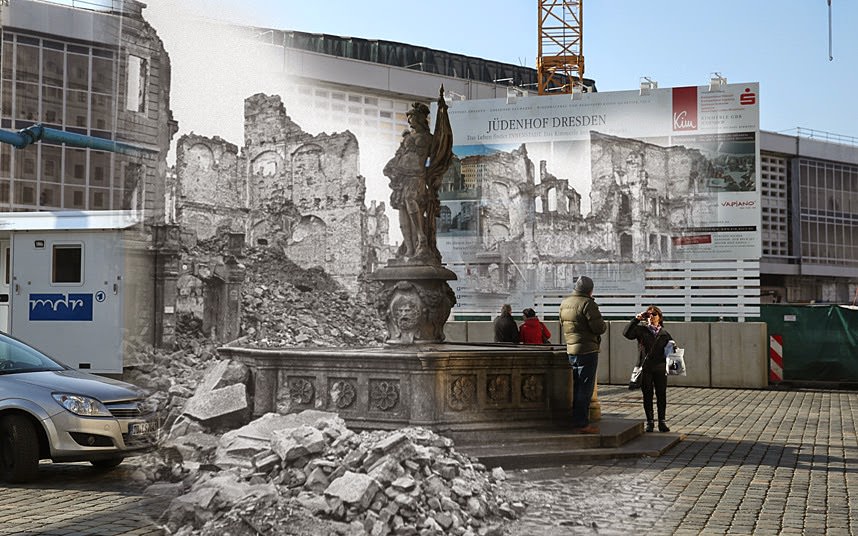 THEN: Ruins of buildings around Neumarkt square and a fountain with a statue in 1946  NOW The same scene on 22 January 2015.