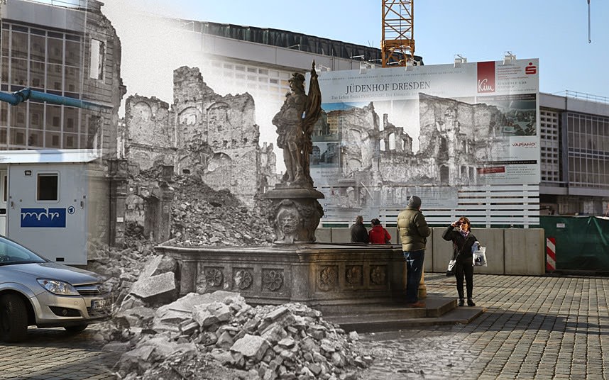 THEN: Ruins of buildings around Neumarkt square and a fountain with a statue in 1946 NOW The same scene on 22 January 2015.