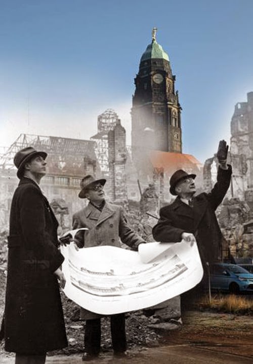 THEN: From left, propaganda director Heinz Grunewald, Dresden mayor Walter Weidauer and town architect Dr C Herbert in March 1946 outside City Hall  NOW: The same setting on 12 February 2015.