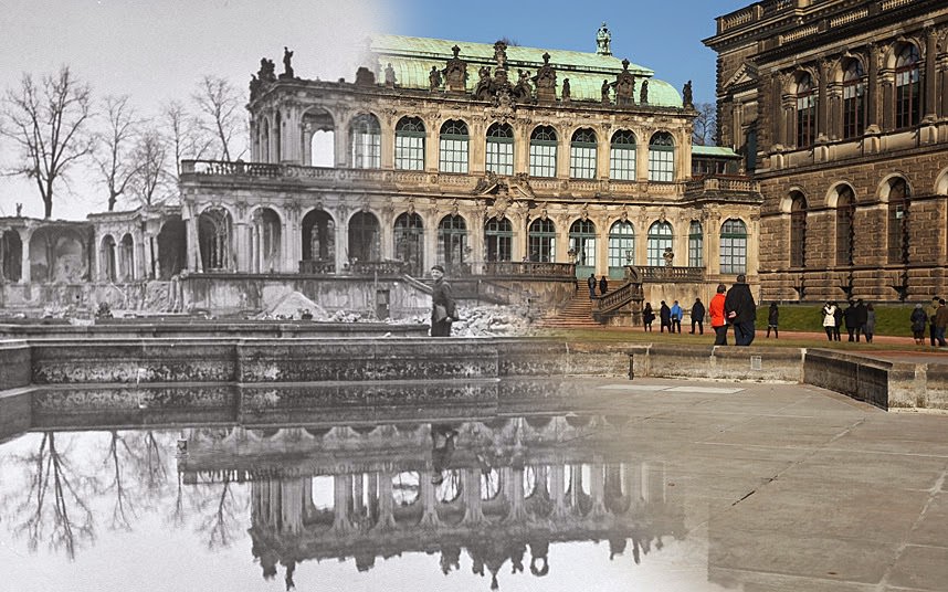THEN: A portion of the Zwinger art museum in 1946. NOW: The same location in 2015.