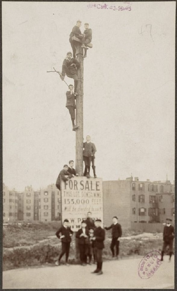Young fans climb pole next to Huntington Avenue Grounds, 1903 World Series