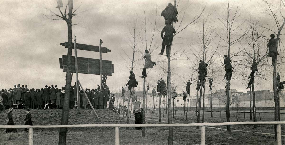 Belgian fans watching a game against Holland from the trees in 1913