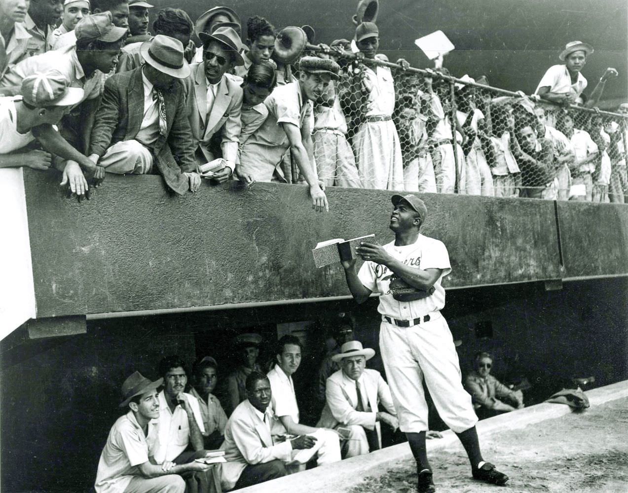 Jackie Robinson, foreground, and the Brooklyn Dodgers at spring training in March of 1947 in Havana, Cuba