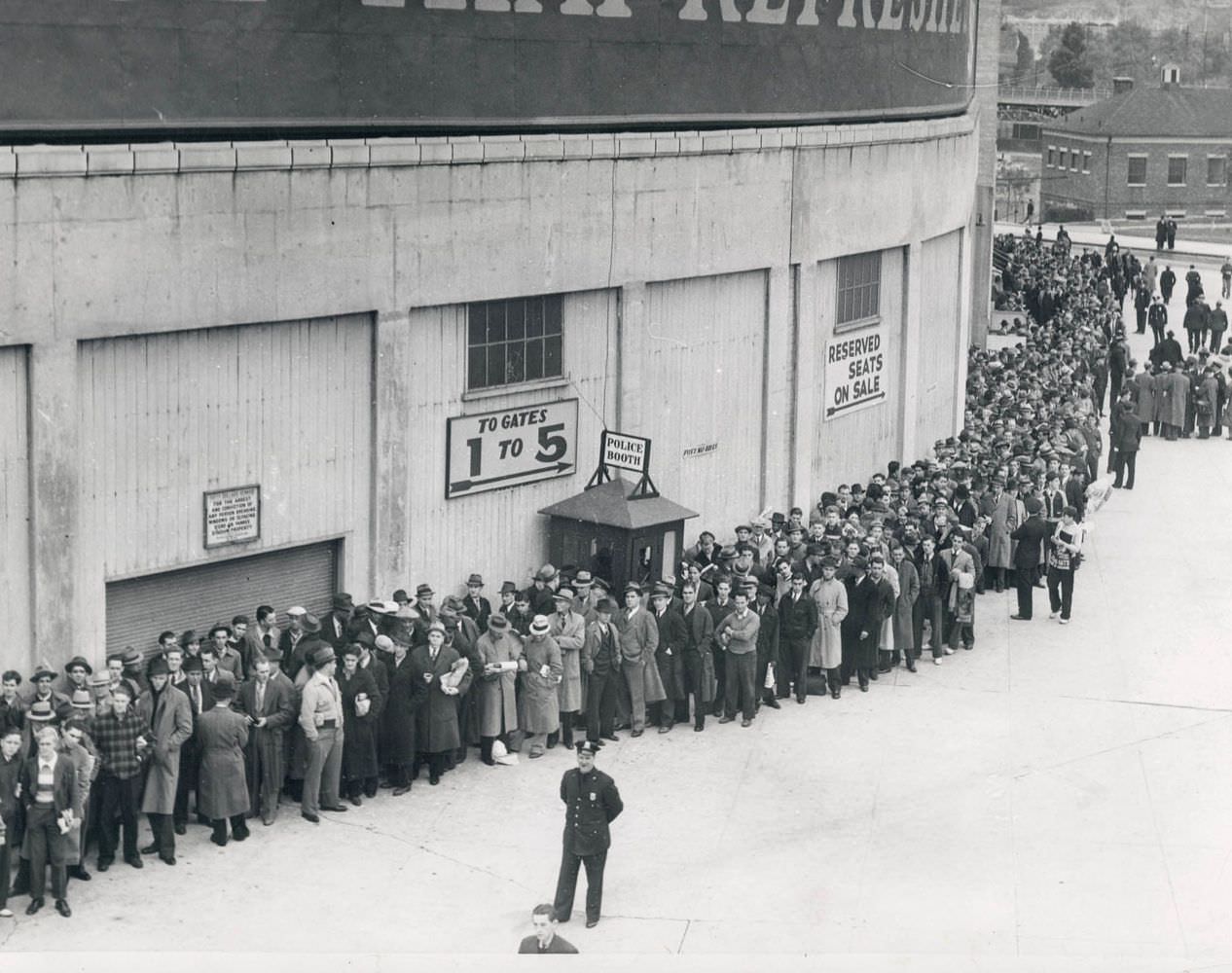 A long line forms for World Series tickets at Yankee Stadium circa 1940s in New York City.