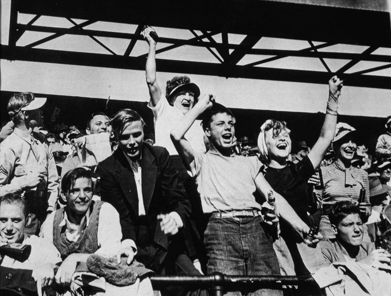 Spectators cheer at Sportsman's Park during Game Six of the World Series between the St. Louis Cardinals and the Boston Red Sox, 1946