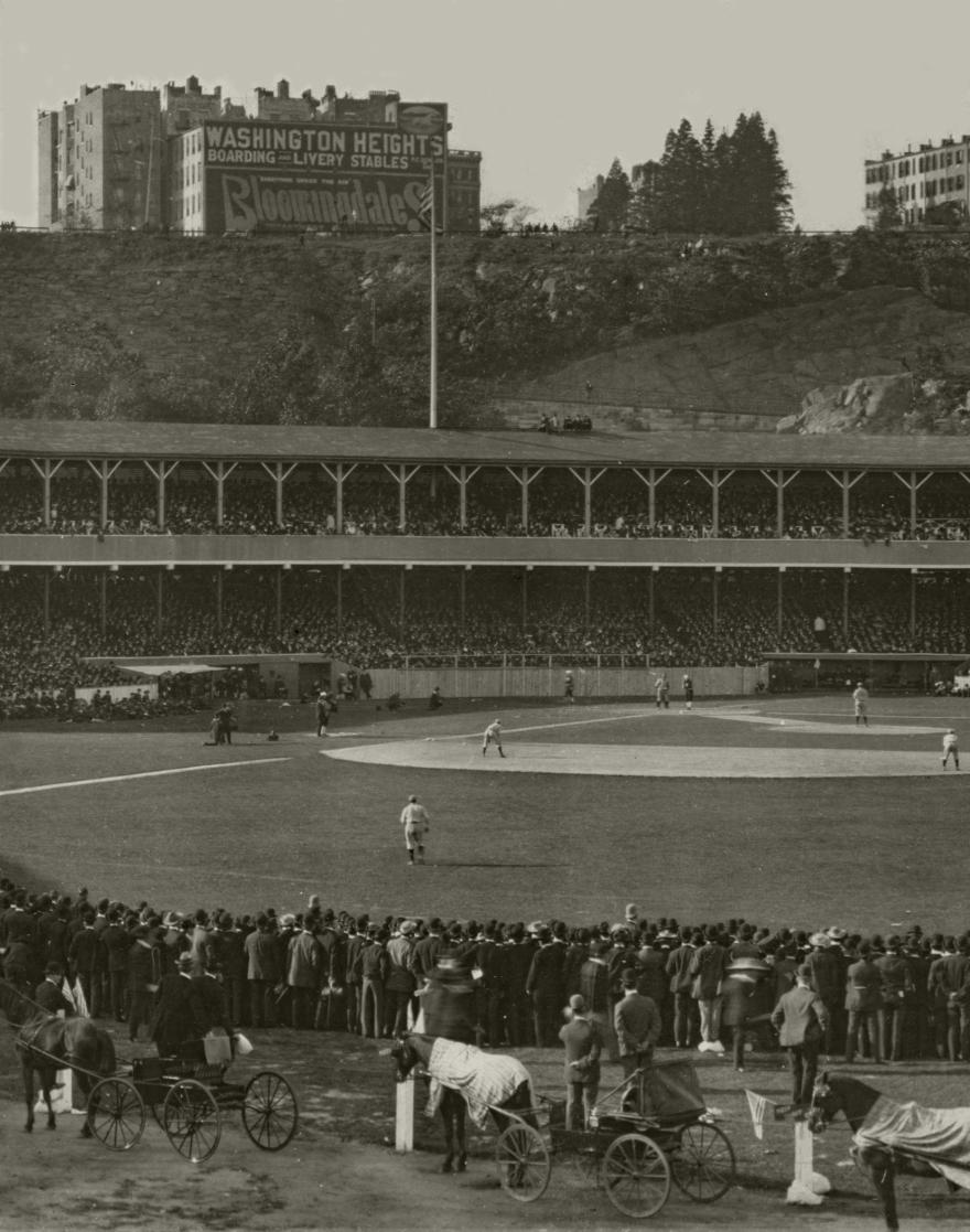 People watching baseball game with no outfield wall, at 1905 World Series