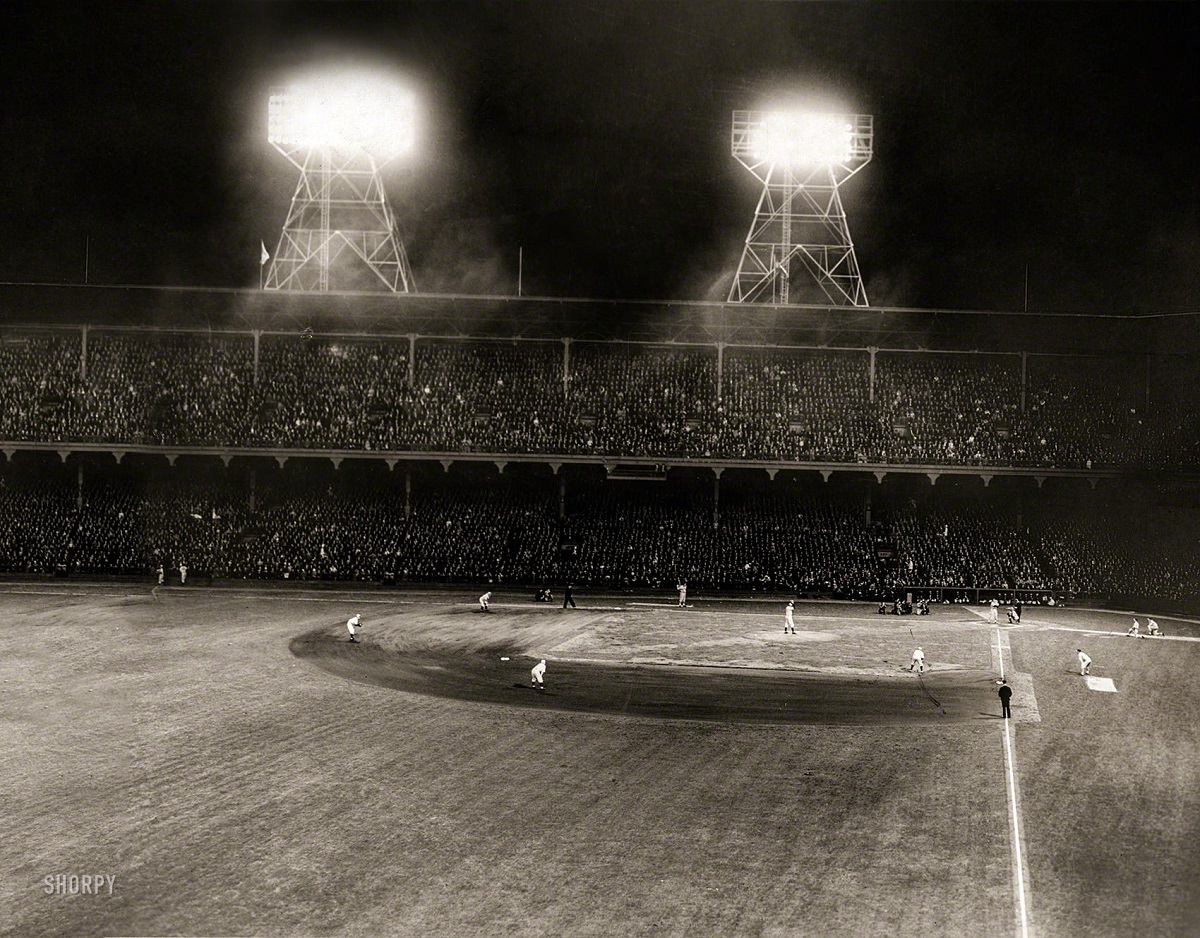 Night baseball at Ebbets Field, overcrowded stadium, 1940s
