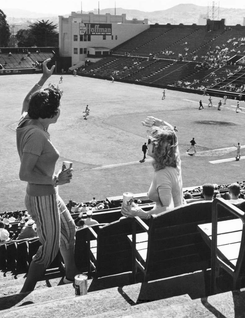 Fans cheer the SF Giants at Seals Stadium, 1950s