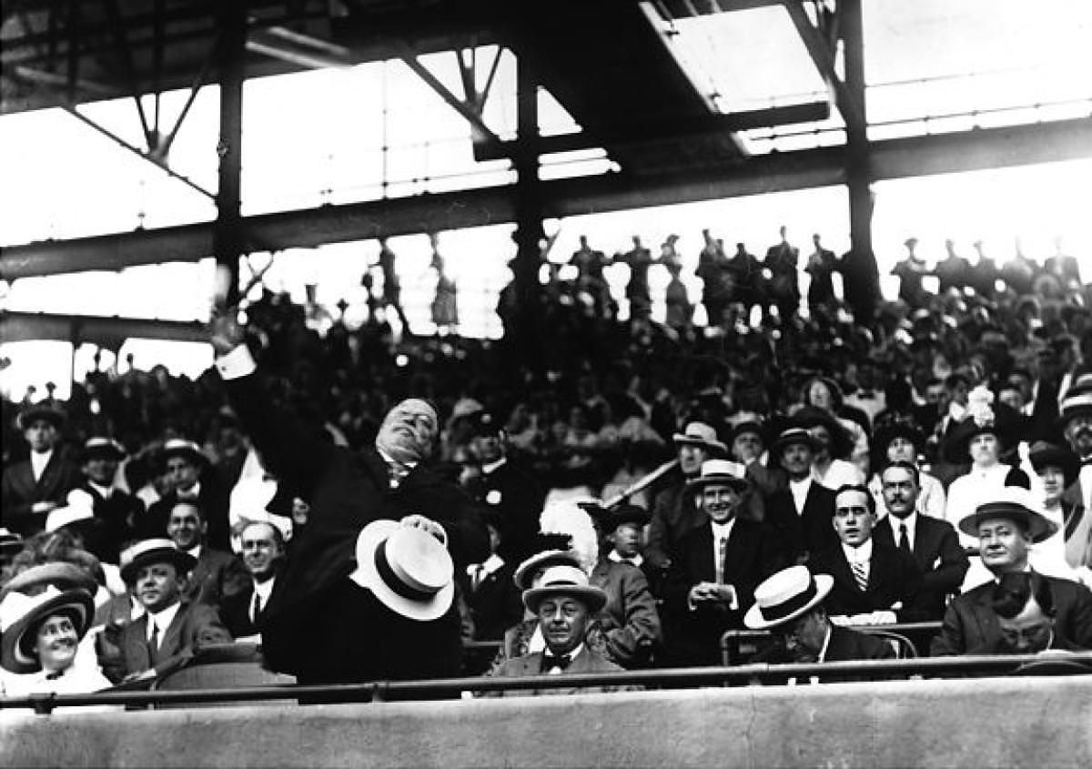 President William Howard Taft throws out the ceremonial first pitch at opening day, 1911