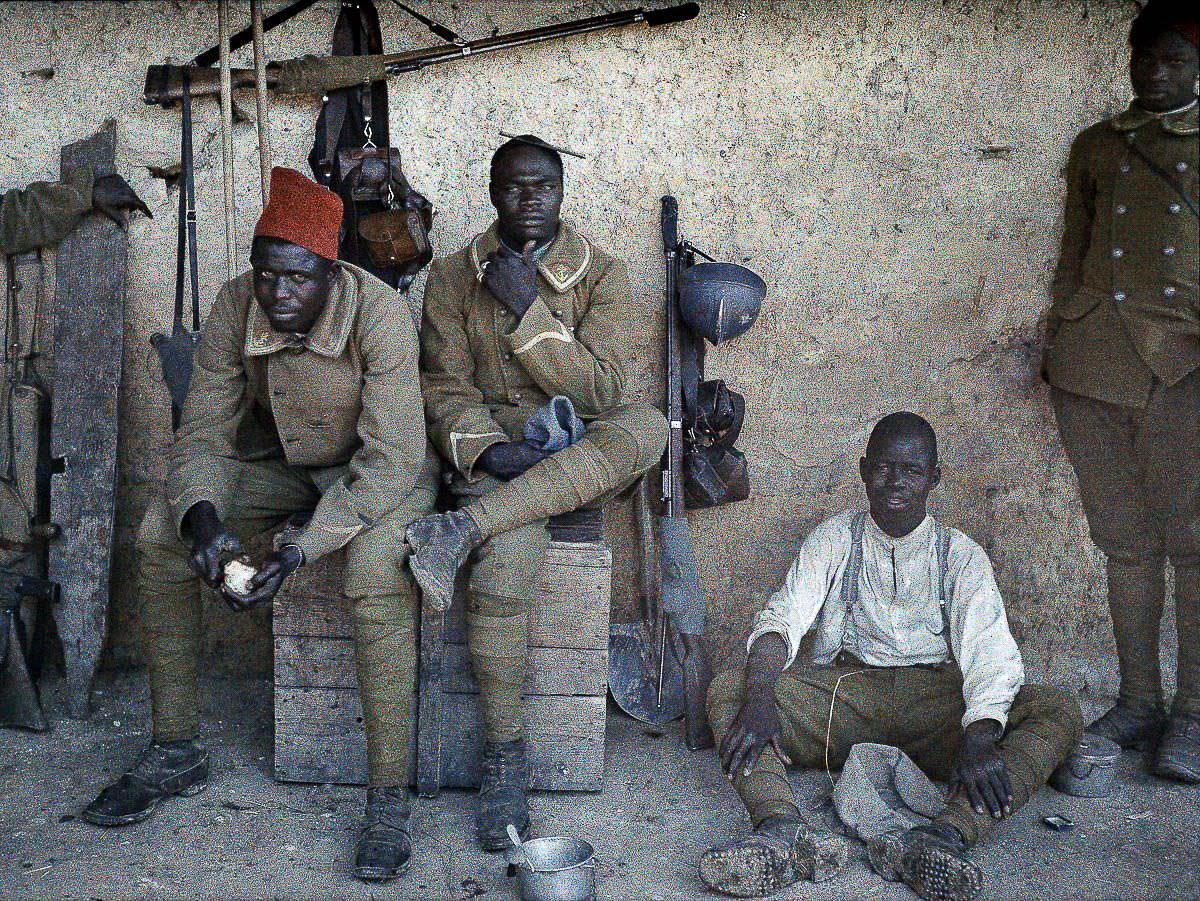 Senegalese soldiers serving in the French Army rest near the Western Front in Alsace, 1917.