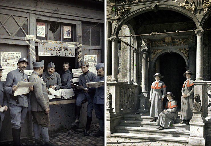 Left: Sale of newspapers on a stall. France, 1917 | Right: Three young nurses in uniform in front of city hall. Belgium, 1917.