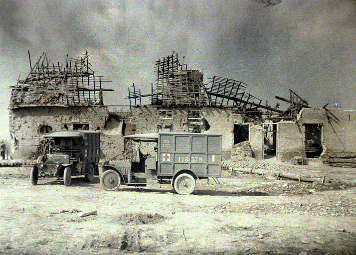 Ambulance cars waiting for the wounded, Belgium, 1917