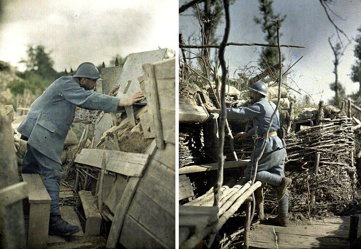 Left: French military observation: a watchman at lockstation 26. France, 1917. | Right: Front line trench, observer: trench support work. France, 1917.