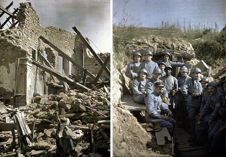 Left: Church with remains of statues in the foreground. France, 1917 | Right: Front line trench: group of hairy in front of the entrance of a shelter. France, 1917