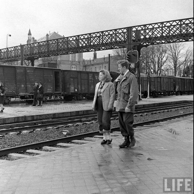 Ernest Kreiling and his bride at train station.