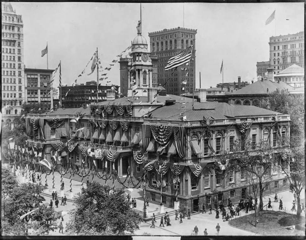 City Hall in its fanciest dress for the Dewey Parade, 1898