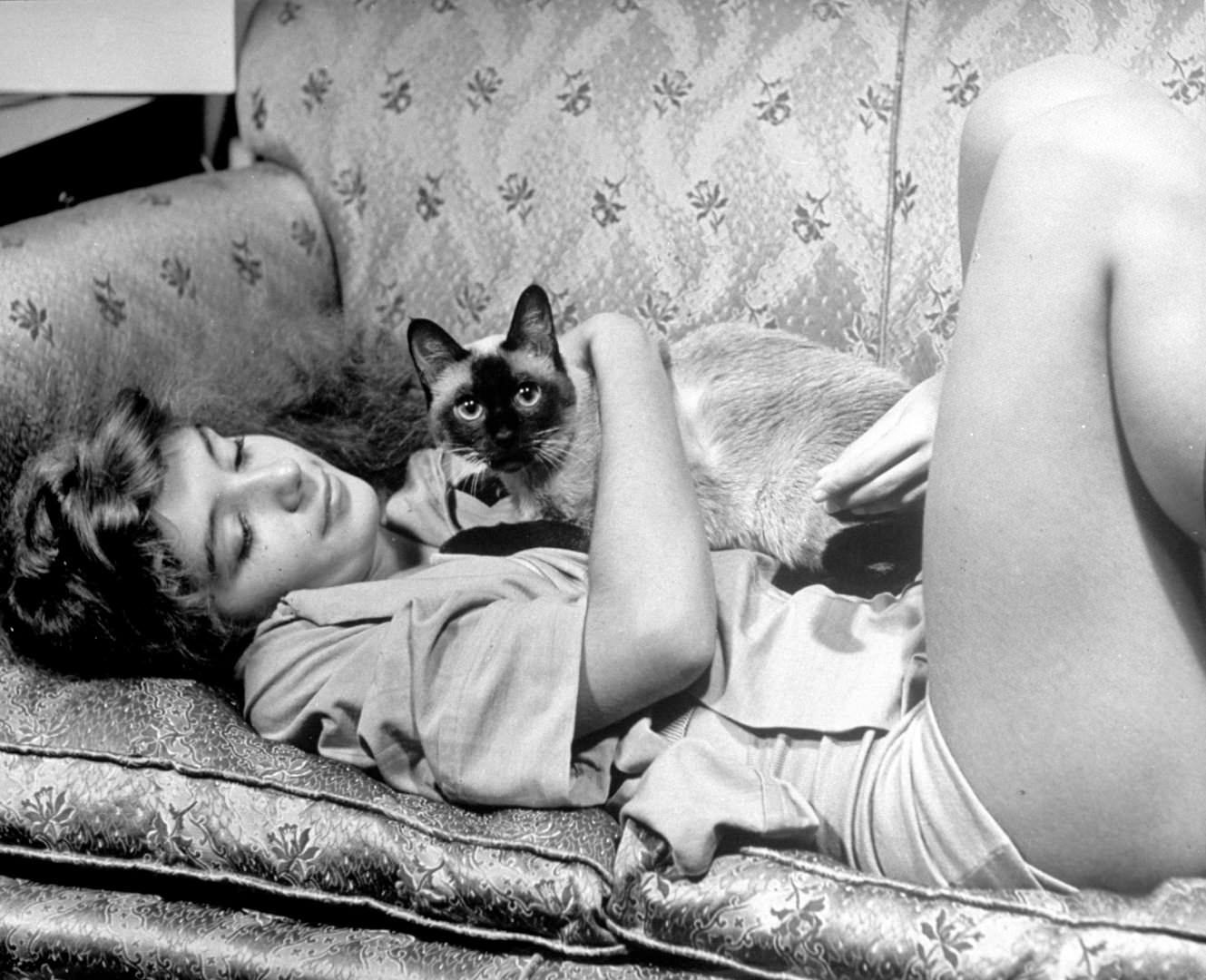 Spiring Ballerina Edwina Seaver Relaxing On Sofa At Home With Siamese Cat Ting Ling, 1940