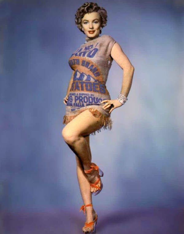 Marilyn posed in a burlap potato sack, 1951