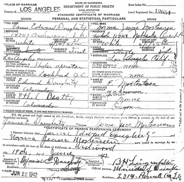 Norma Jeane and Jim Dougherty's certificate of marriage.