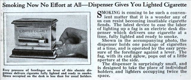 Smoking Now No Effort at All—Dispenser Gives You Lighted Cigarette , 1932