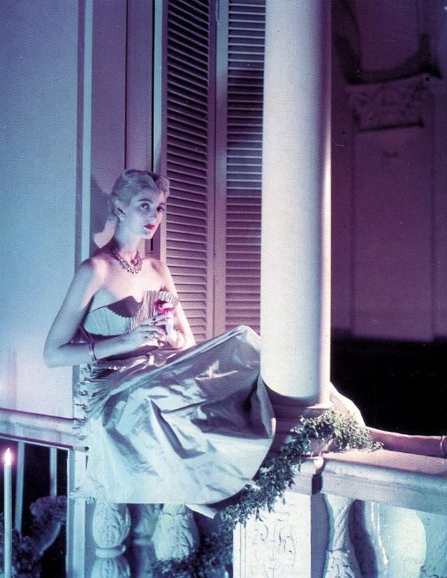 Carmen Dell' Orefice in gown by Ceil Chapman, 1949.