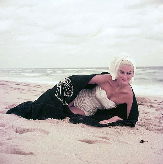 Carmen Dell' Orefice, at Manalapan Beach, Florida, 1954.