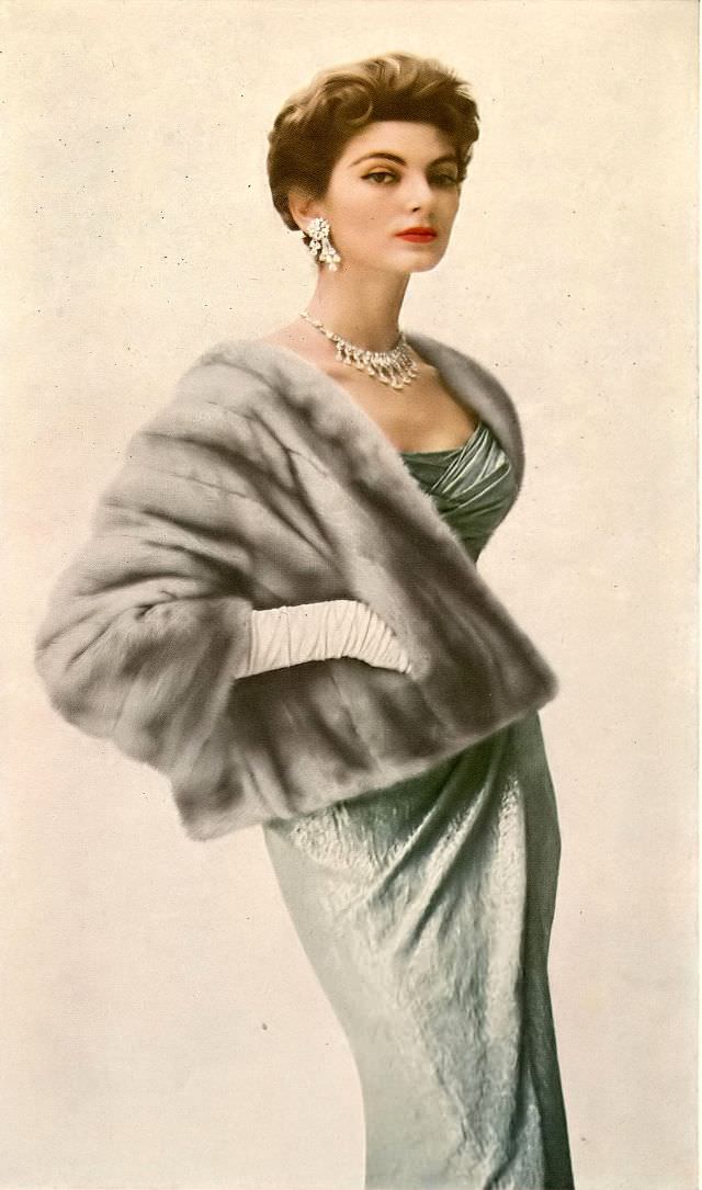 Carmen in Cerulean EMBA mink clutch-bolero by Samuel Schulman Furs, gown by Ceil Chapman, jewelry by Cartier, 1955.