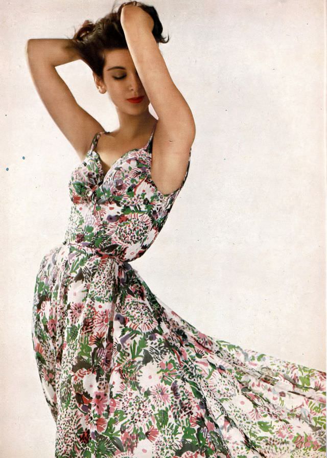 Carmen in a floral print nylon chiffon nightgown by Odette Barsa, 1956.
