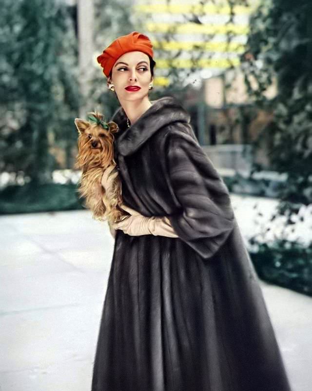 Carmen in full length mink coat, 1958.