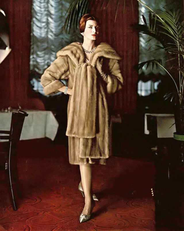 Carmen in Autumn Haze EMBA mink coat by Gunther Jaeckel, jewelry by Tiffany, 1959.