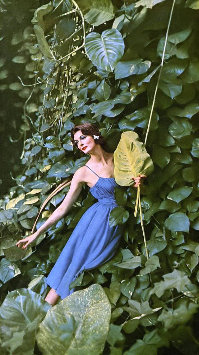 Carmen in lovely blue evening dress of Supima cotton by Jerry Parnis, 1959.