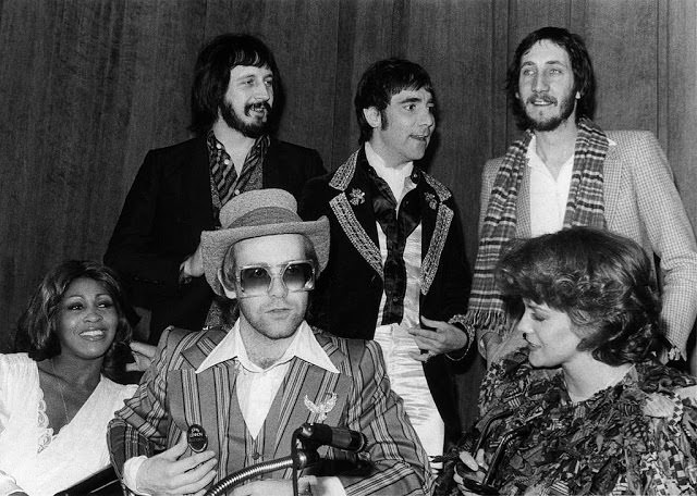 Tina Turner, Elton John, Ann Margret, John Entwistle, Keith Moon and Pete Townshend, 1975