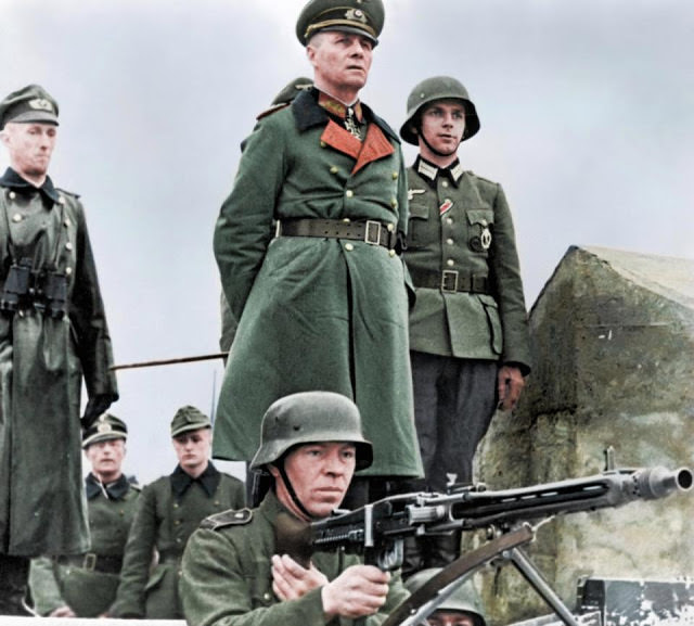 Nazi General Erwin Rommel inspects defences ahead of D-Day. On the actual day of the invasion he was away from the front celebrating his wife's birthday.