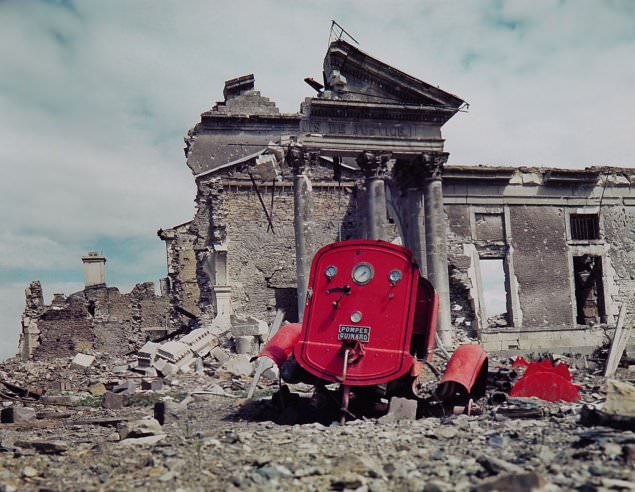 View of the ruins of the Palais de Justice in the town of St. Lo, France.