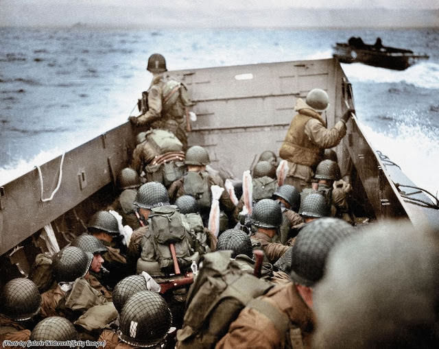 A Landing Craft, Vehicle, Personnel (LCVP) is approaching Omaha Beach, Normandy, France, 6th June 1944. To the right is another LCVP.