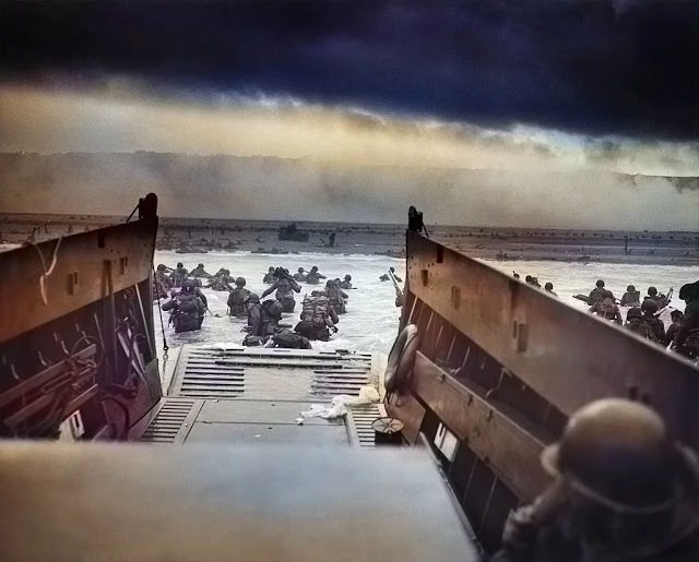 United States Army First Infantry Division disembarking from an LCVP (landing craft) onto Omaha Beach during the Normandy Landings on D Day