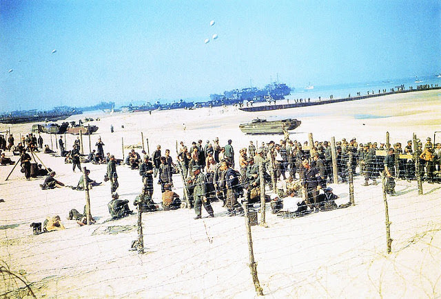 Operation Overlord Normandy, German Prisoners of War (POW) have been put behind barbed wire on Omaha Beach.