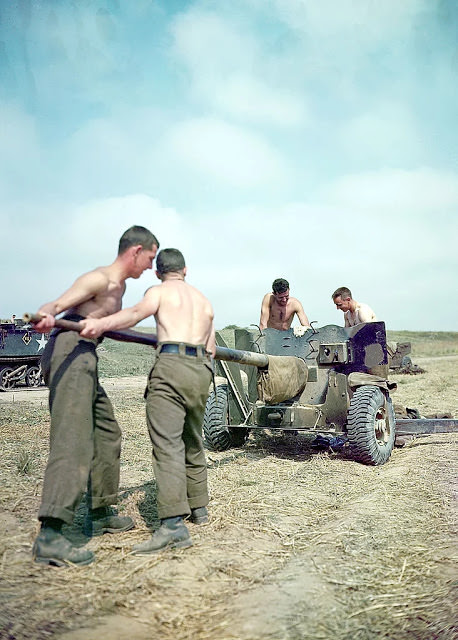 Operation Overlord Normandy, Soldiers of the 3rd Canadian Infantry Division are trying to set up an anti-aircraft gun.