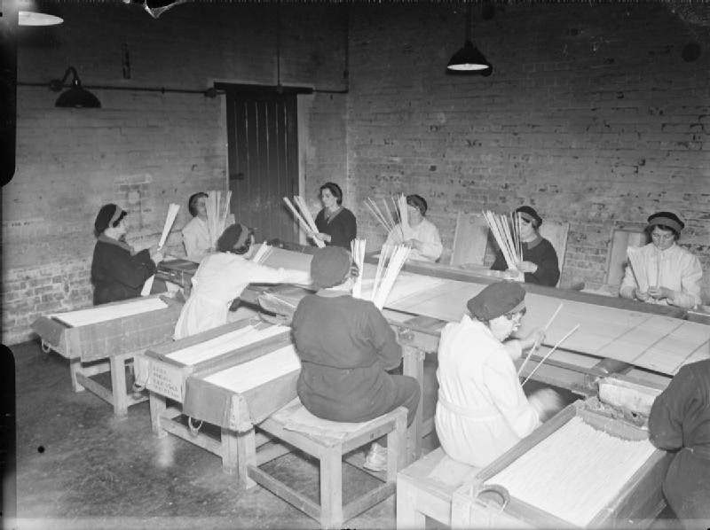 Female workers at an armament depot at a Royal Naval Cordite Factory, Holton Heath.