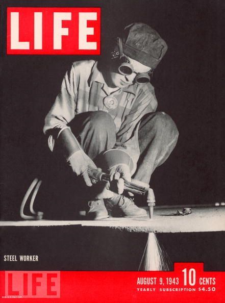 In 1943, a female steel worker welds a steel plate at the Gary Armor Plate Plant of Carnegie-Illinois Steel Corporation, Gary, Indiana.