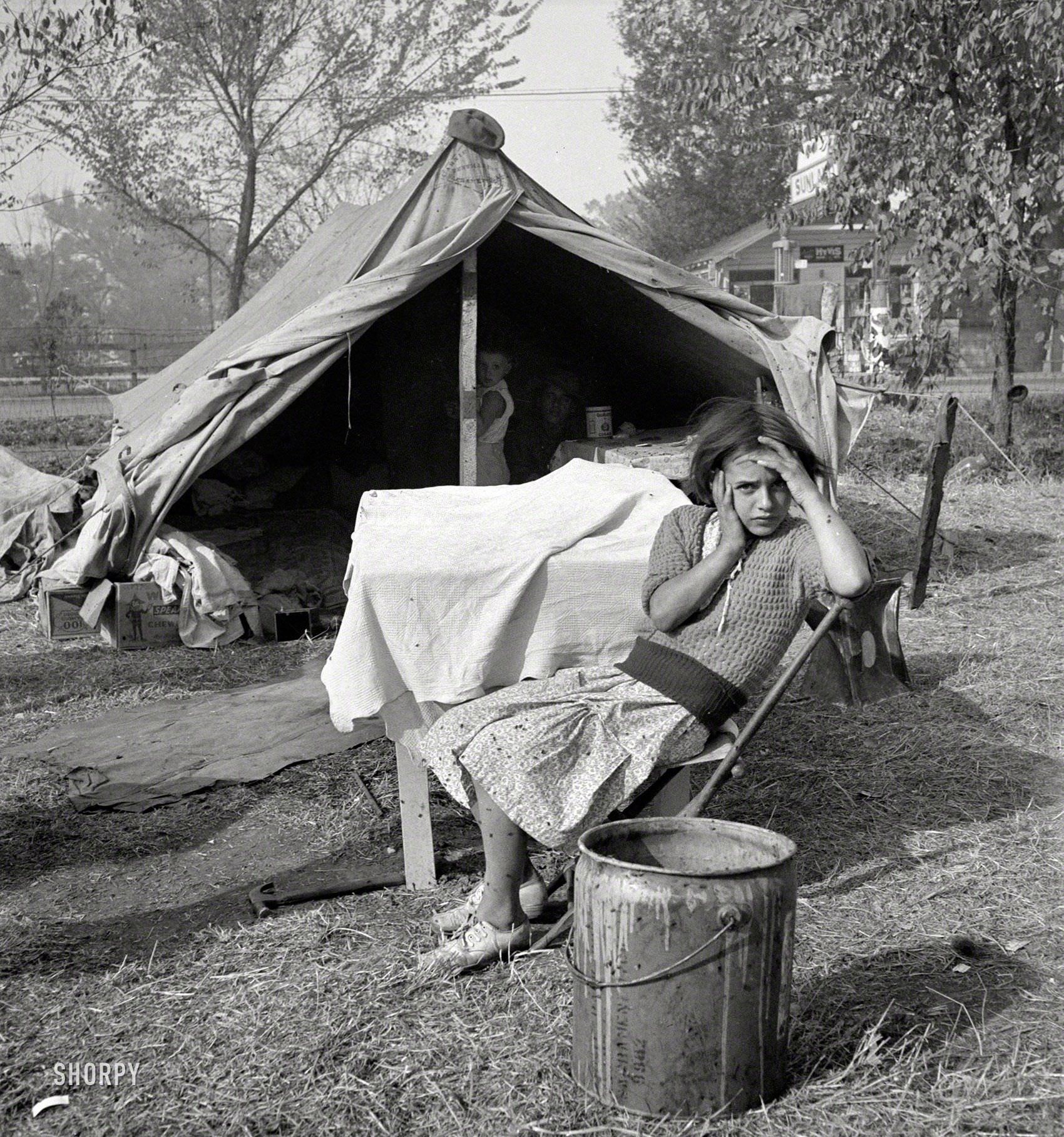 Children and home of cotton workers at migratory camp in southern San Joaquin Valley, California, 1936