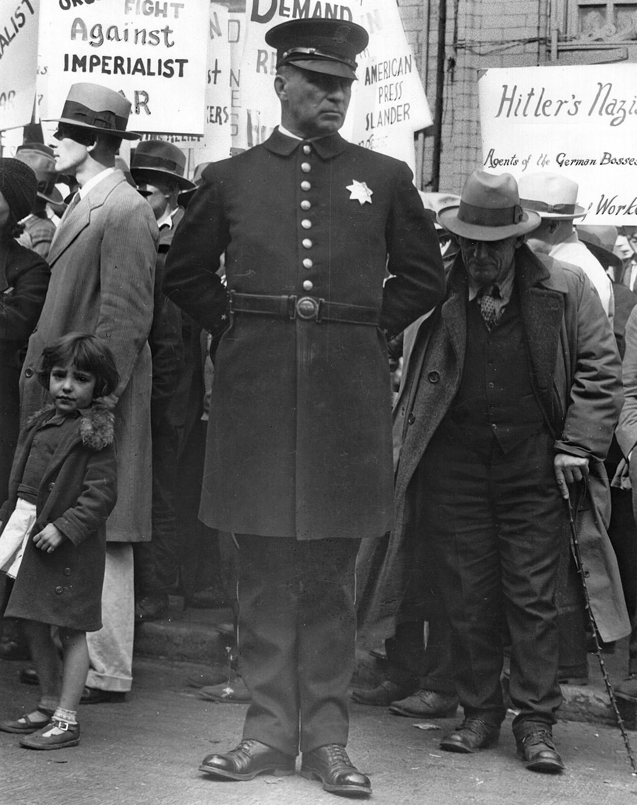 Policeman at a street meeting in San Francisco, 1936