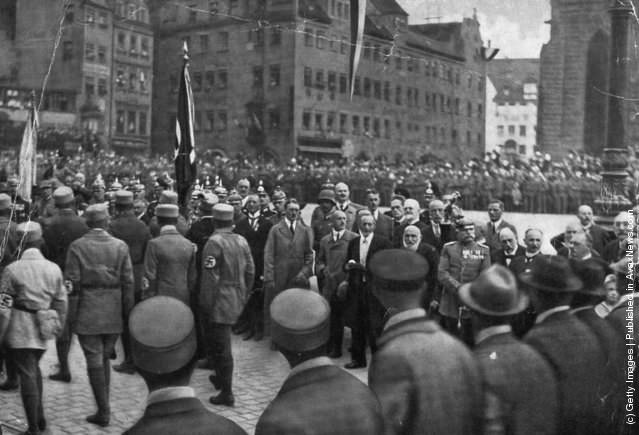 Adolf Hitler addresses a rally in Nuremberg on German Day, 1923