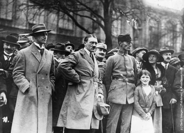 Adolf Hitler, Alfred Rosenberg (left) and Dr. Friedrich Weber of the Freikorps Oberland (Oberland Free Corps), during the Munich Putsch, 1923