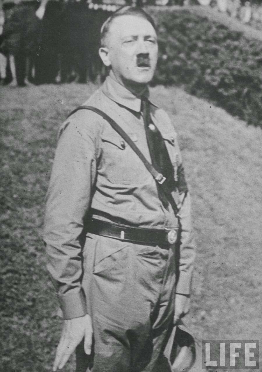 Hitler in brown Nazi uniform during the outdoor speech in Austria, 1938