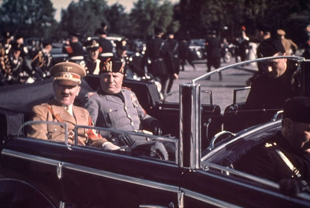 Adolf Hitler and Benito Mussolini during Hitler's 1938 state visit to Italy