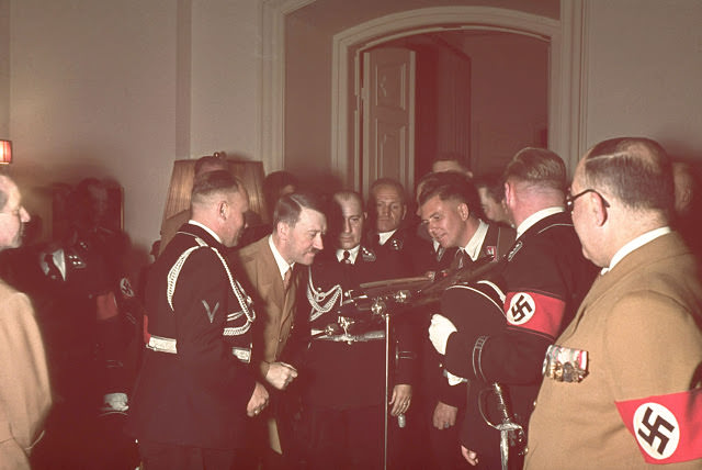 Adolf Hitler receives a model of a Condor airplane as a gift on his 50th birthday, Berlin, April 20, 1939