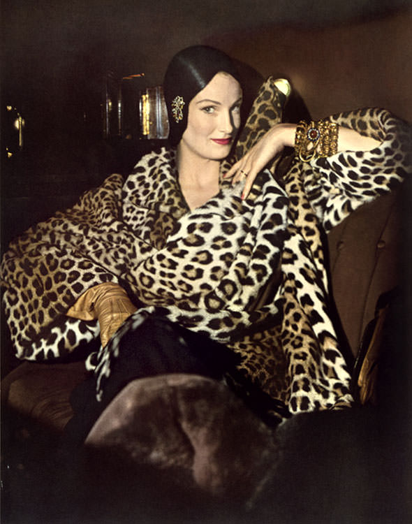 Wenda Parkinson in a leopard-print coat, 1949