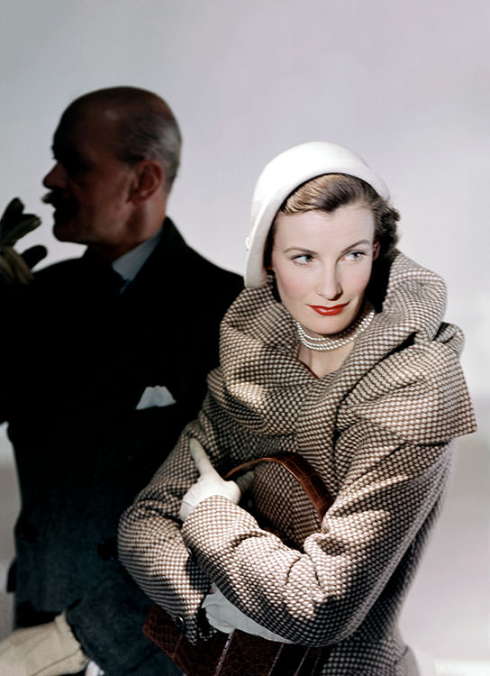 Wenda Parkinson wearing a Hardy Amies coat, 1949